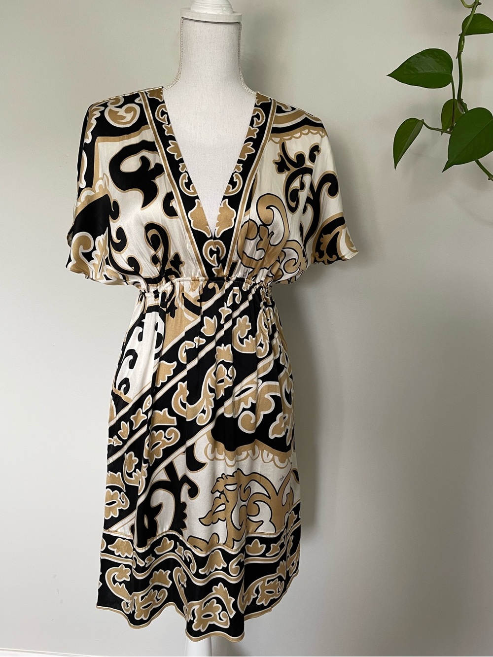 Vintage Y2K Hale Bob Silk Blend Baroque Scarf Print V Neck Dress Size S